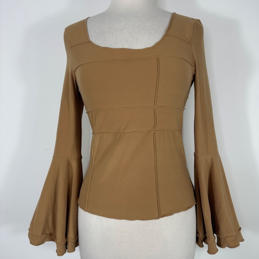 T.H.S Women's Size S Tan Bell Sleeve Square Neck Crop Top Y2K Made in USA